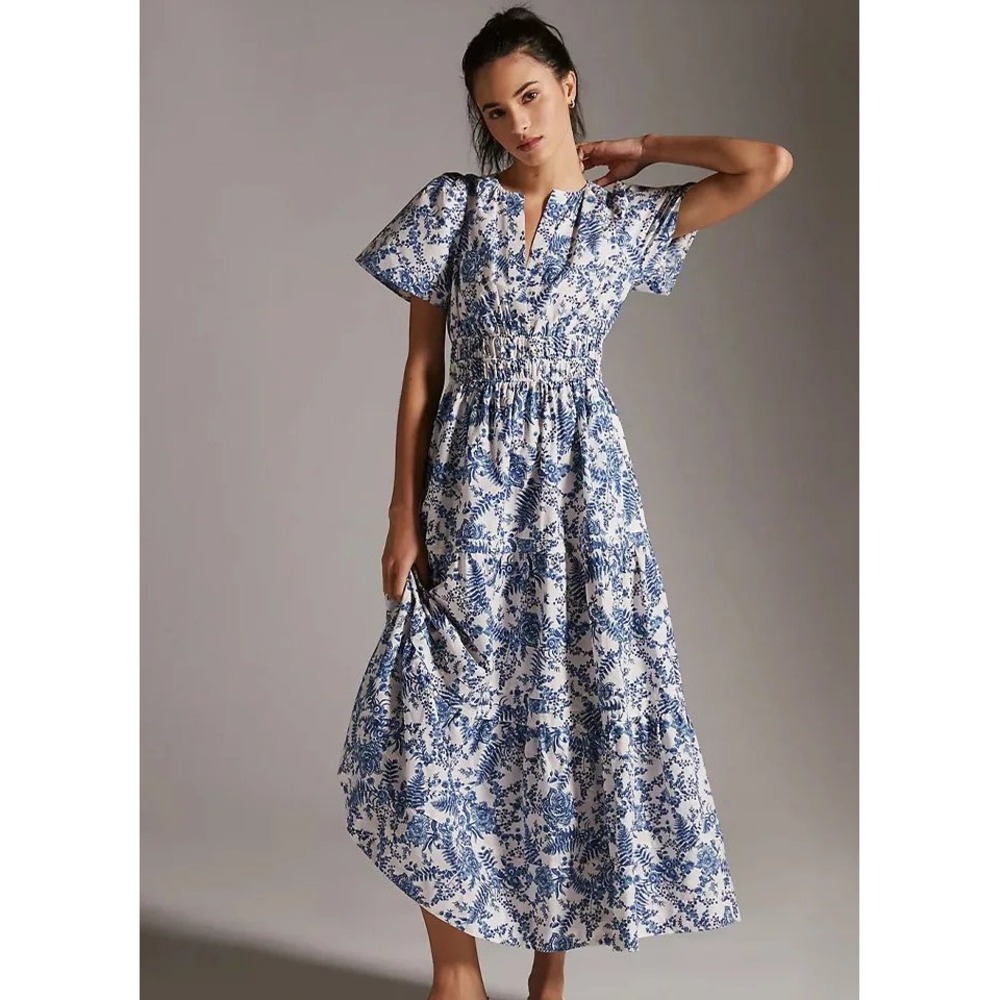 Anthropologie Maeve Somerset Maxi Dress Blue White Floral Smocked Waist Small